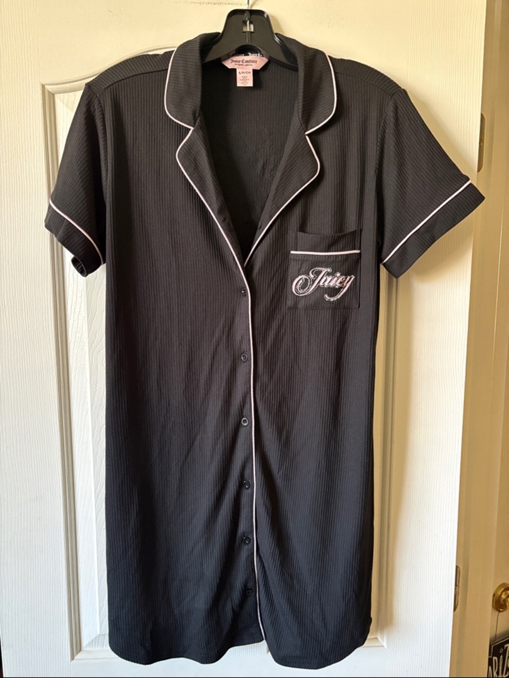 Juicy Couture EUC Black with Pink Trim Button Down Short Sleeve Nightgown size S